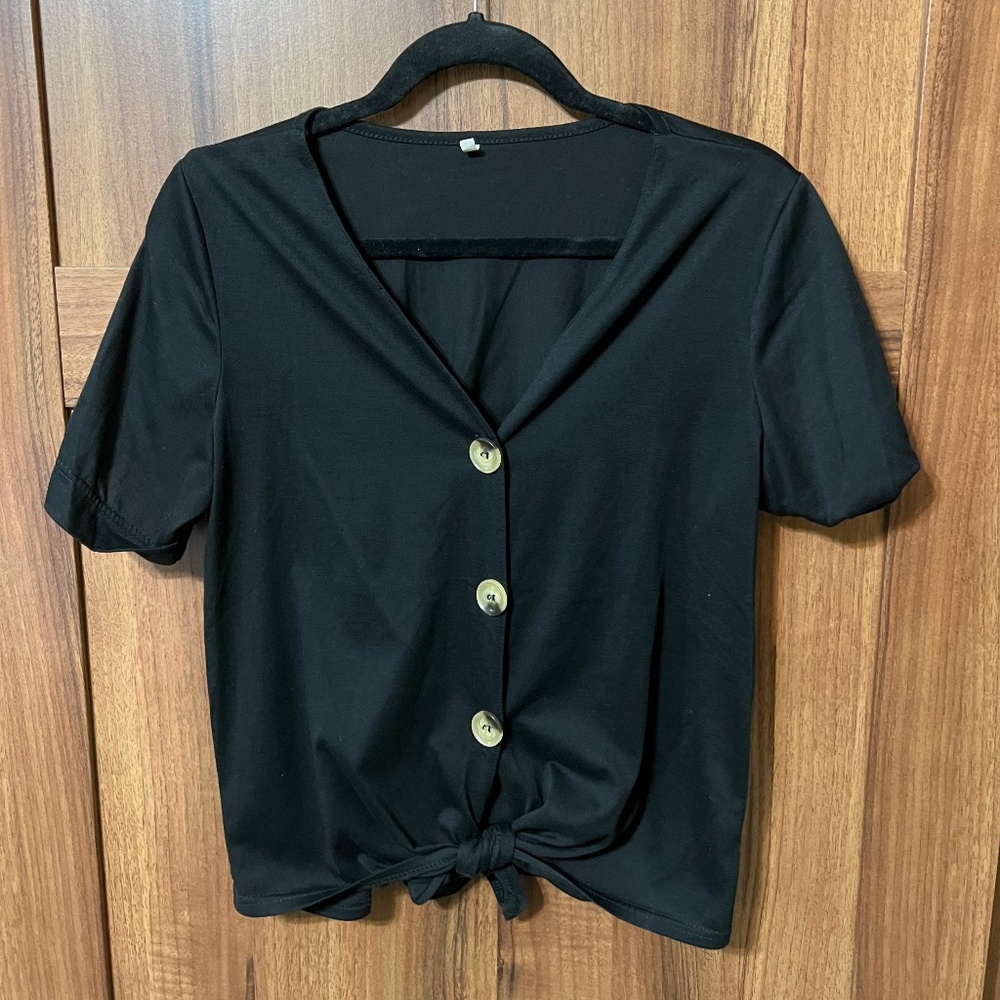 SHEIN Black Button Up Knot T-shirt